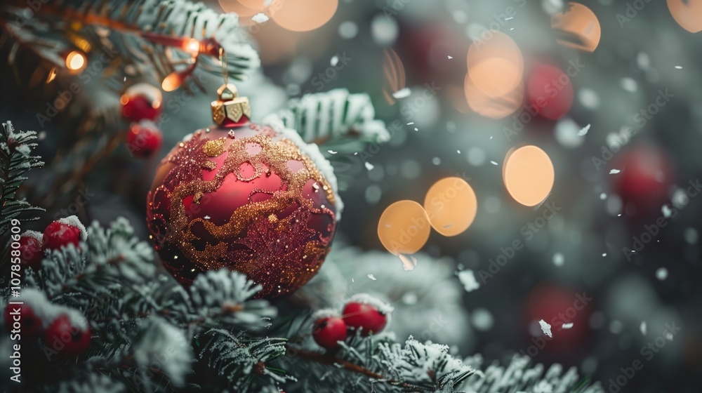 Obraz premium Part of the Christmas tree decorated with aesthetic toys. New Year's background. Christmas decor. Christmas background. Holiday. Decorated Christmas tree. Christmas tree with red balls.