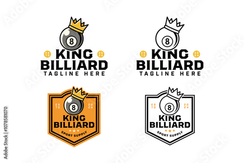 billiard ball number 8 with golden crown badge logo design set for billiard sport and competition. black billiard ball with king crown colorful and line art style illustration modern logo template