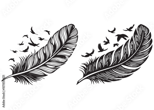 vector silhouette of a feathers with flying birds, feather with birds silhouette