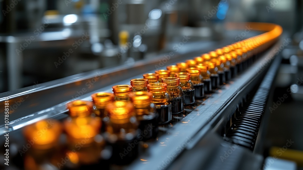 Amber glass bottles on a conveyor belt in a factory. Amber glass bottles on a conveyor belt in a factory.