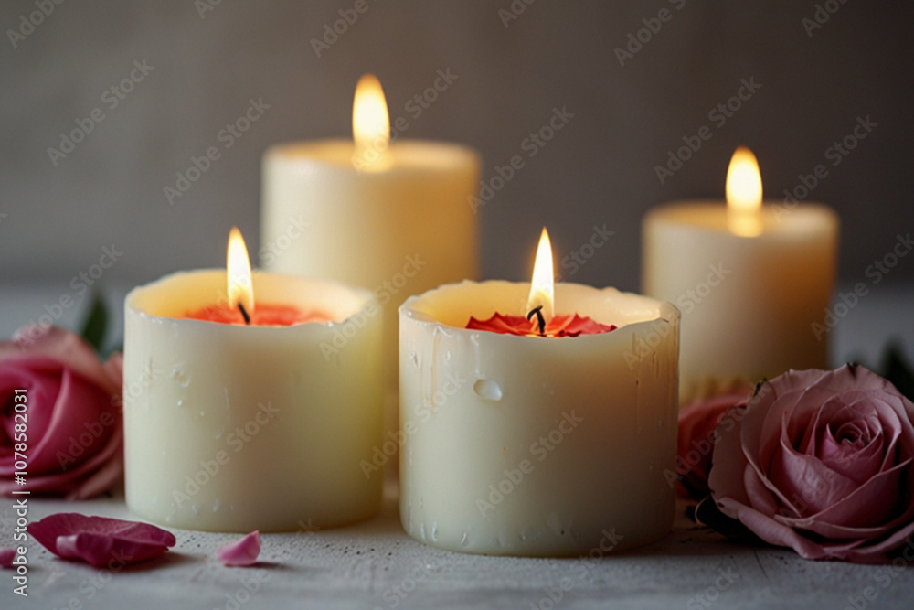 White candles with roses and flowers petals White candles with roses and flowers petals