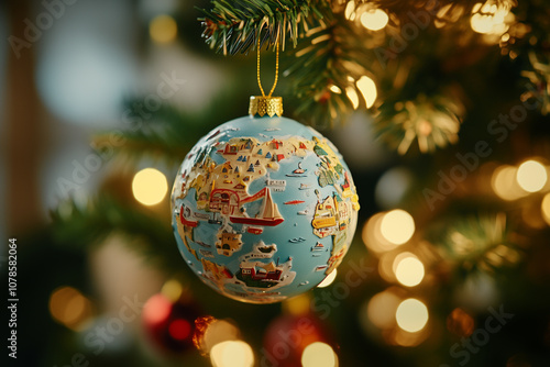 stunning Christmas ornament featuring a world map design. The warm bokeh lights and soft focus