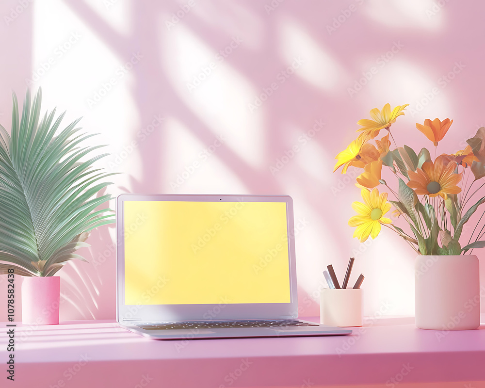 Bright and Airy Home Office Setup with Flowers Bright and Airy Home Office Setup with Flowers