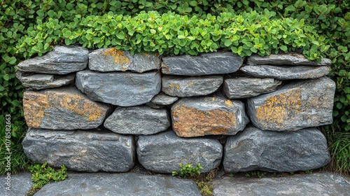 A stone wall topped with greenery, showcasing natural materials in landscaping.