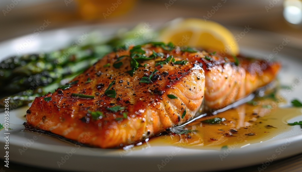 Close-up of Grilled Salmon with Herbs and Lemon