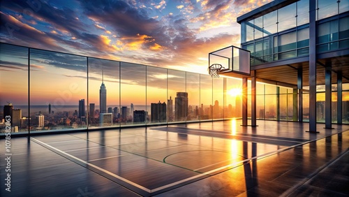 Stunning Rooftop Basketball Court with City Skyline Under Colorful Sunset Sky, Showcasing Modern Architecture and Urban Lifestyle in Vibrant Atmosphere photo