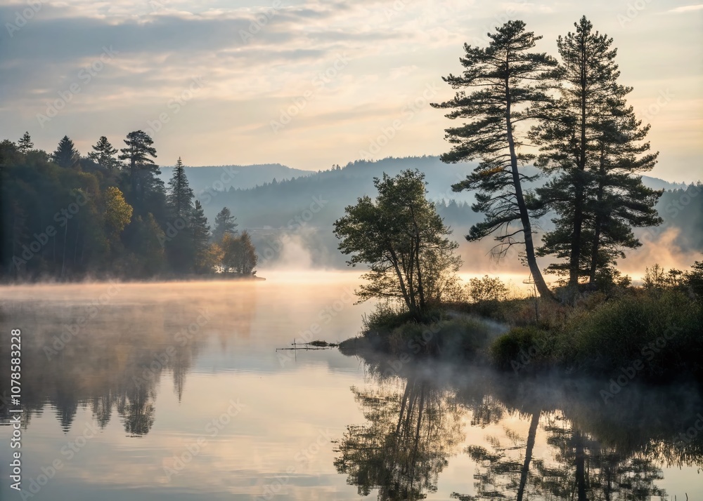 Serene Morning at the Lake with Ethereal Double Exposure Effect Capturing Nature's Beauty and Tranquility in a Dreamlike Landscape Serene Morning at the Lake with Ethereal Double Exposure Effect Capturing Nature's Beauty and Tranquility in a Dreamlike Landscape