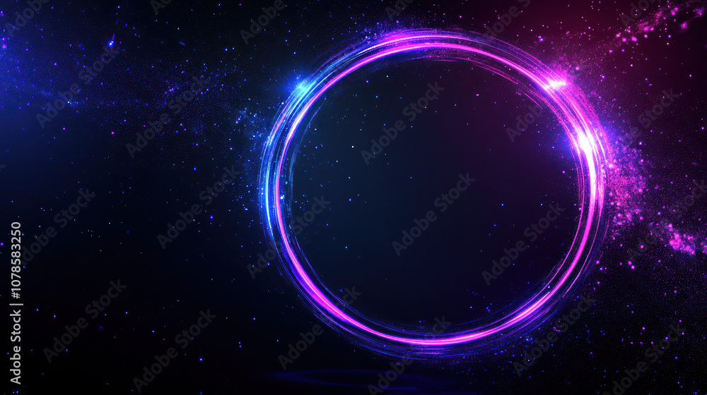 Obraz premium Abstract glowing circle with pink and blue neon light on a dark background.