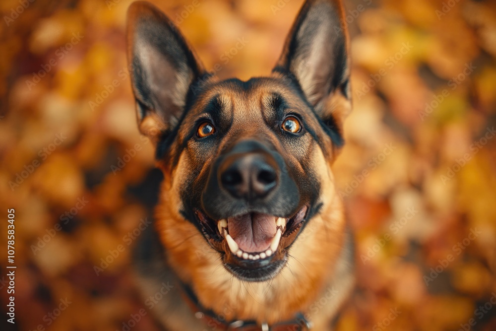 German Shepherd dog in forest with with autumn leaves. German Shepherd dog in forest with with autumn leaves.