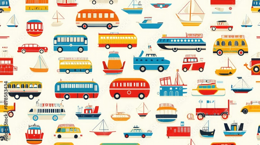 Obraz premium A seamless transportation vector pattern with colorful vehicles such as buses, trucks, and boats. 