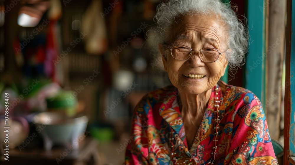Against a backdrop of dynamic colors, a wise Asian elder's gentle eyes reflect the depth of her experiences and resilient spirit Against a backdrop of dynamic colors, a wise Asian elder's gentle eyes reflect the depth of her experiences and resilient spirit