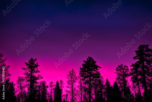 Silhouetted forest line against a backdrop of deep blue transitioning to electric pink in the sky, Ai Generated