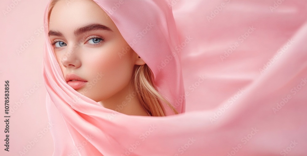 Model wearing a silk headscarf on minimalist pink background. Model wearing a silk headscarf on minimalist pink background.