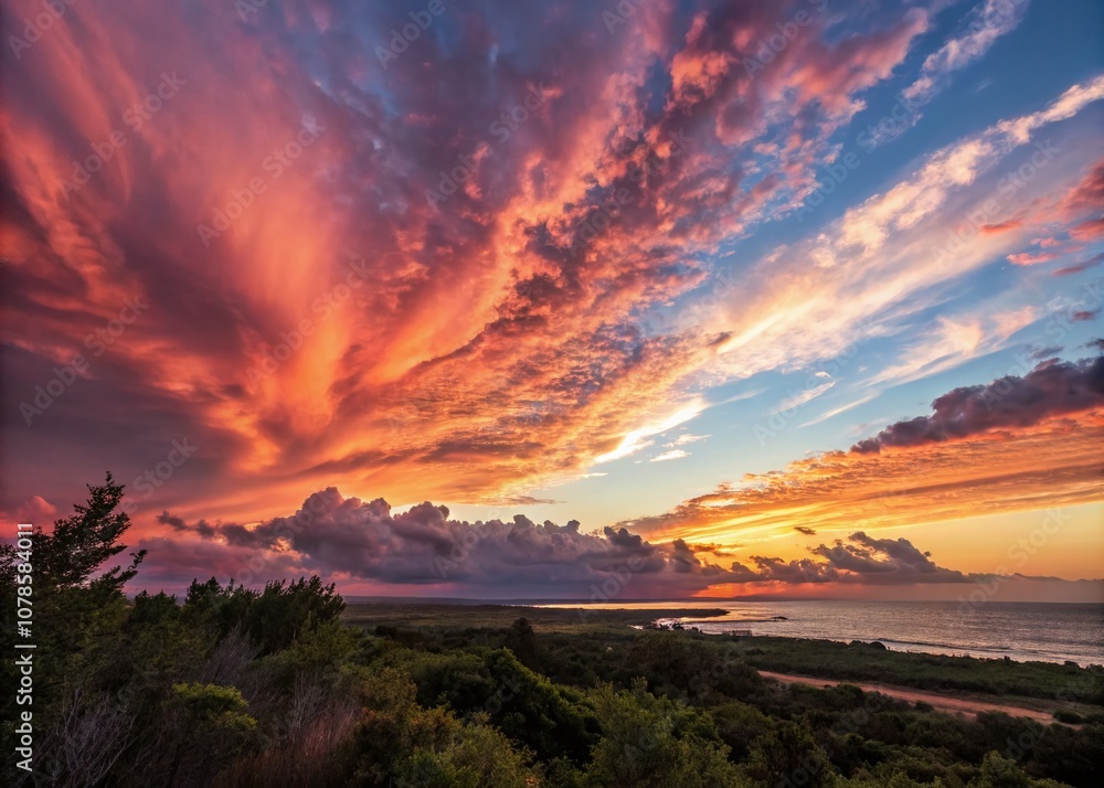 Obraz premium Serene Portrait Photography of a Breathtaking Sky with Dramatic Clouds in Vivid Colors Capturing the Essence of Nature's Beauty During Golden Hour