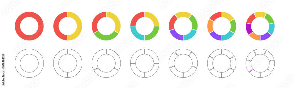 Circular chart with color and monochrome segments. Wheel division into fractions, shape sectors. Vector infographic Circular chart with color and monochrome segments. Wheel division into fractions, shape sectors. Vector infographic