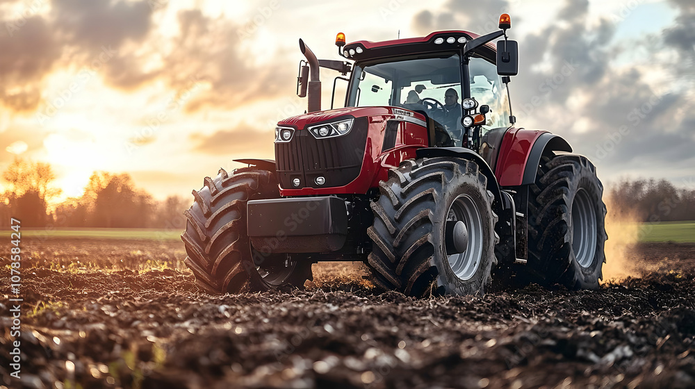 Red Tractor Working a Field at Sunset - Realistic Image Red Tractor Working a Field at Sunset - Realistic Image