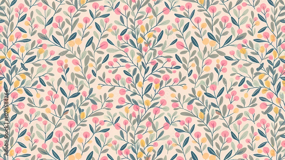Hand-Drawn Floral Pattern with Pink and Yellow Berries on Beige Background Hand-Drawn Floral Pattern with Pink and Yellow Berries on Beige Background