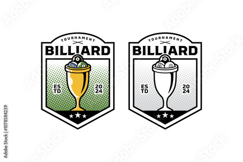 golden cup trophy with billiard balls badge logo design set for billiard sport and competition. gold chalice with snooker, pool balls colorful and outline illustration modern logo collection