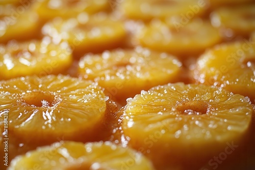 A macro view captures the vibrant pineapple slices adorning a pizza, showcasing their juicy texture and sweetness. The bokeh background enhances the visual appeal, emphasizing the delightful toppings 