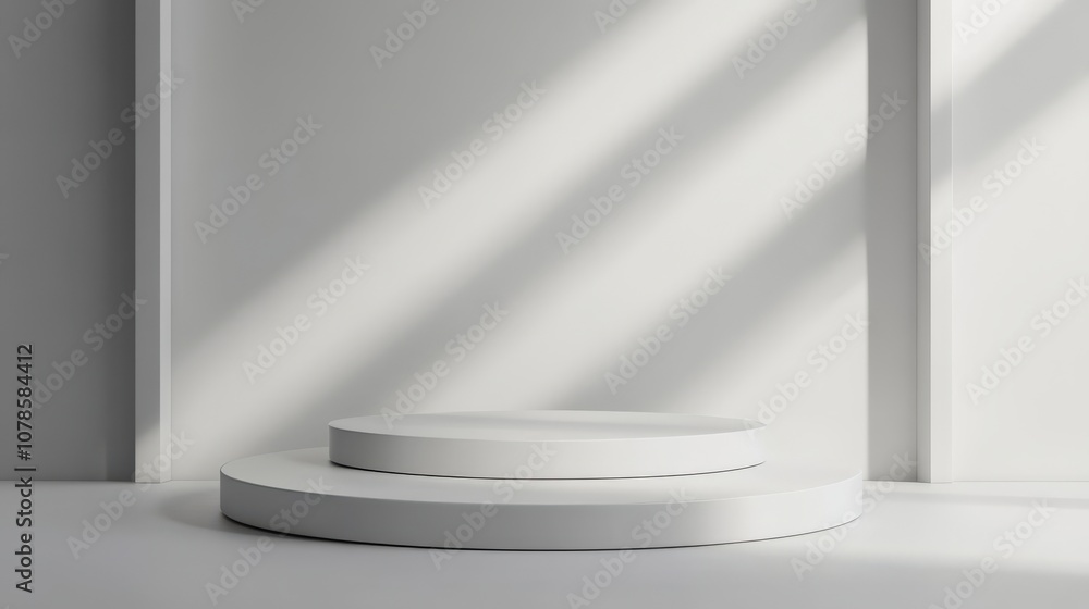 White Cylindrical Platform in a Minimalist Interior with Sunbeams White Cylindrical Platform in a Minimalist Interior with Sunbeams