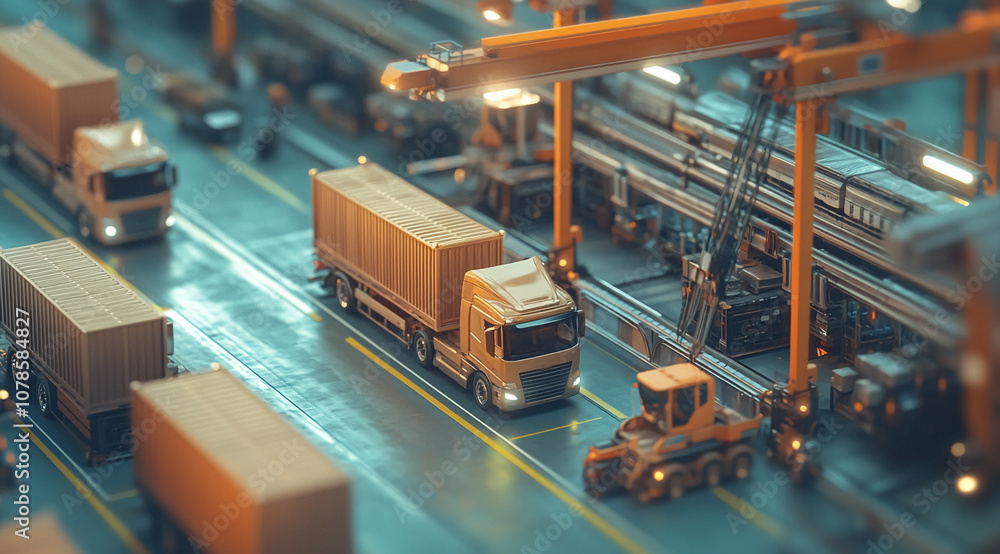 A miniature model of a busy port with trucks, cranes, and containers A miniature model of a busy port with trucks, cranes, and containers