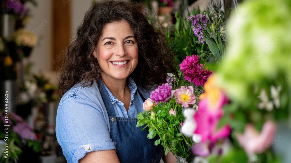 A Smiling Florist Arranging Vibrant Flowers in a Bustling Shop Filled With Colorful Blooms in the Morning Light A Smiling Florist Arranging Vibrant Flowers in a Bustling Shop Filled With Colorful Blooms in the Morning Light