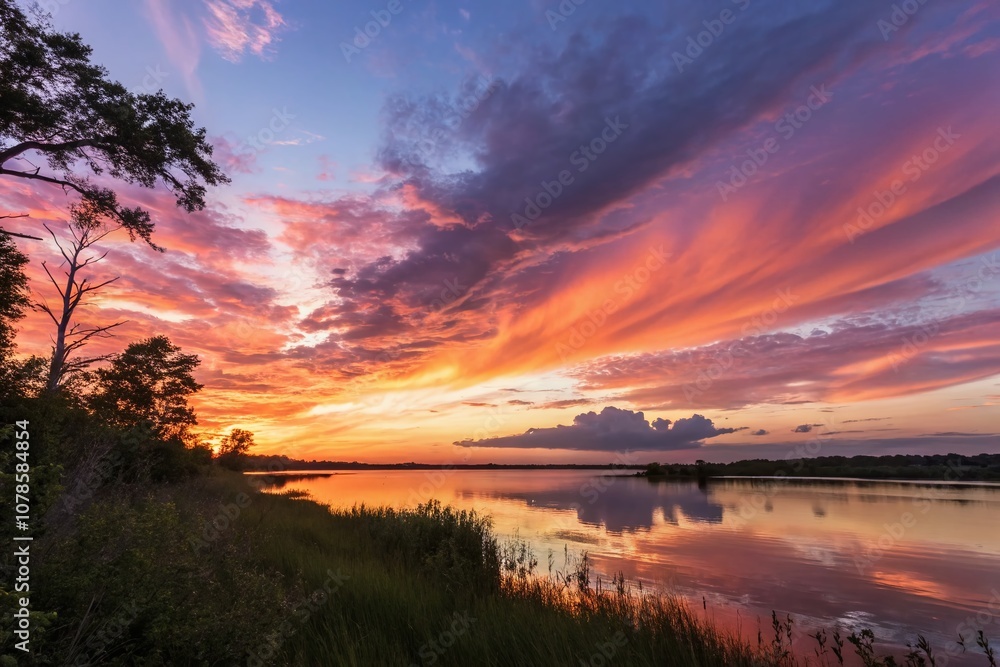 Fototapeta premium Serene Sunset Over Tranquil Waters with Vibrant Colors and Soft Clouds, Perfect for Calming Backgrounds or Nature-Themed Projects