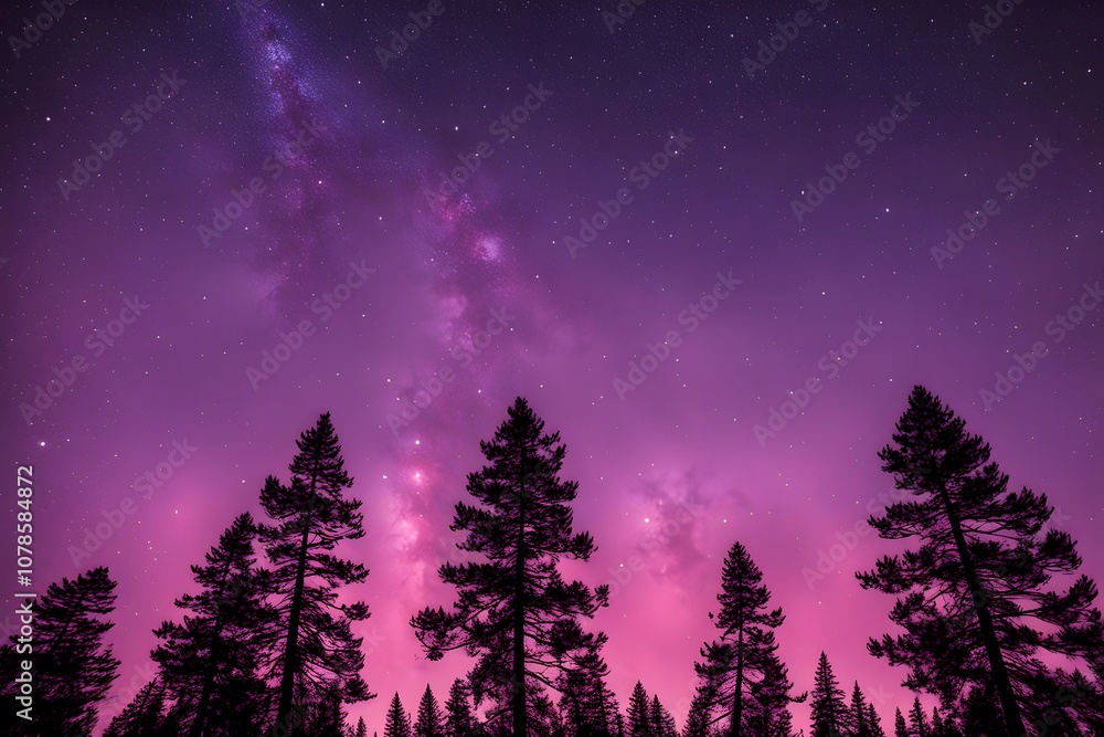 Sparse pine trees silhouetted against a vivid pink and purple dusk sky with stars, AI Generated Sparse pine trees silhouetted against a vivid pink and purple dusk sky with stars, AI Generated