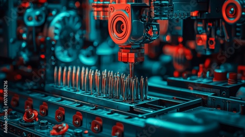 Close-Up of a Pin Setter Machine Holding Pins in a High-Tech Manufacturing Environment with Intricate Mechanical Details and Vibrant Lighting photo