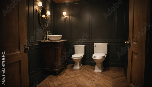 A modern, dark-toned bathroom with two toilets, a sink, and a mirror