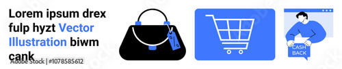 Black handbag with keychain, blue shopping cart, person holding cash back sign. Ideal for e-commerce, retail marketing, online shopping, cash back offers, fashion stores, digital wallets, customer