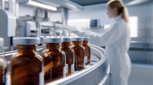 A Technician Inspects Vials on a Conveyor Belt in a Modern Pharmaceutical Laboratory During the Production Process of Medication in a Sterile Environment