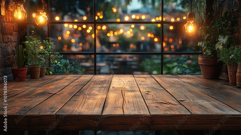 Wooden Table with Warm Lights Background