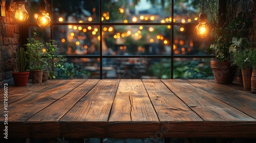 Wooden Table with Warm Lights Background