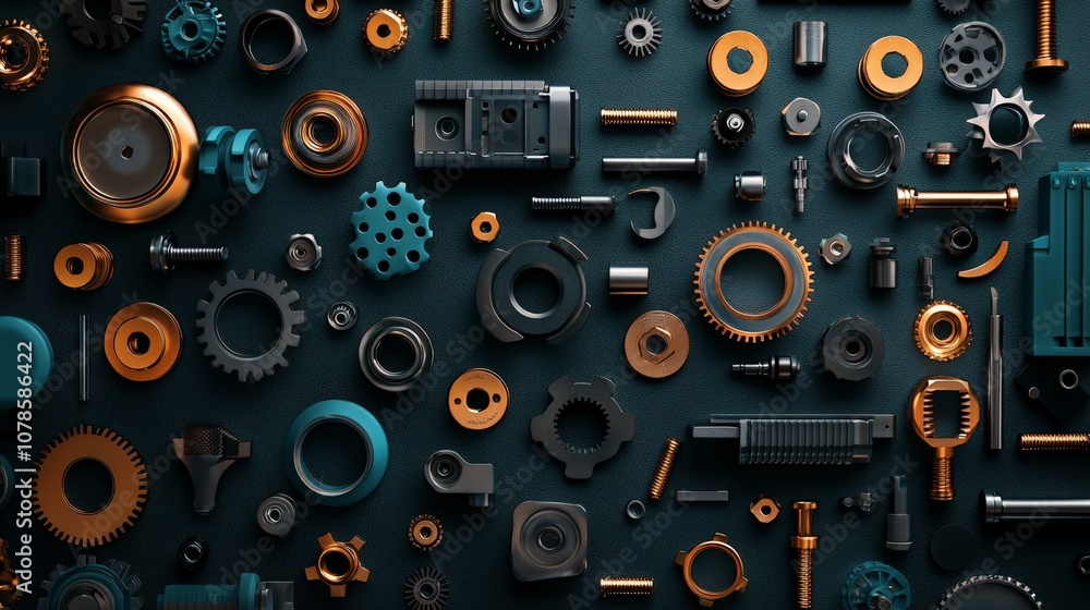 Intricate Arrangement of Polished Metal Parts Featuring Various Gears, Screws, and Components in Vibrant Colors on a Dark Background Intricate Arrangement of Polished Metal Parts Featuring Various Gears, Screws, and Components in Vibrant Colors on a Dark Background