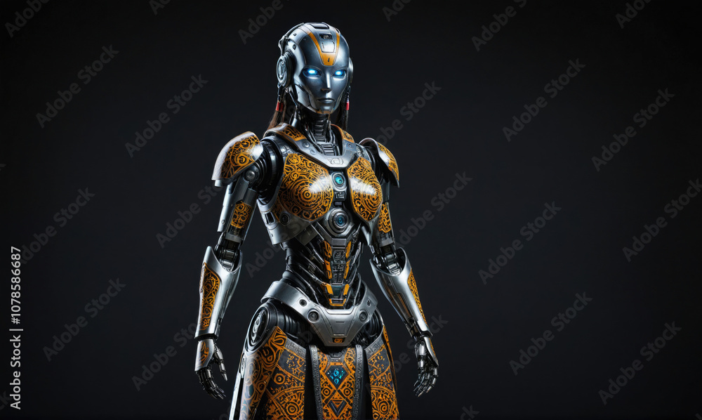 A silver robot with gold accents stands against a dark background A silver robot with gold accents stands against a dark background