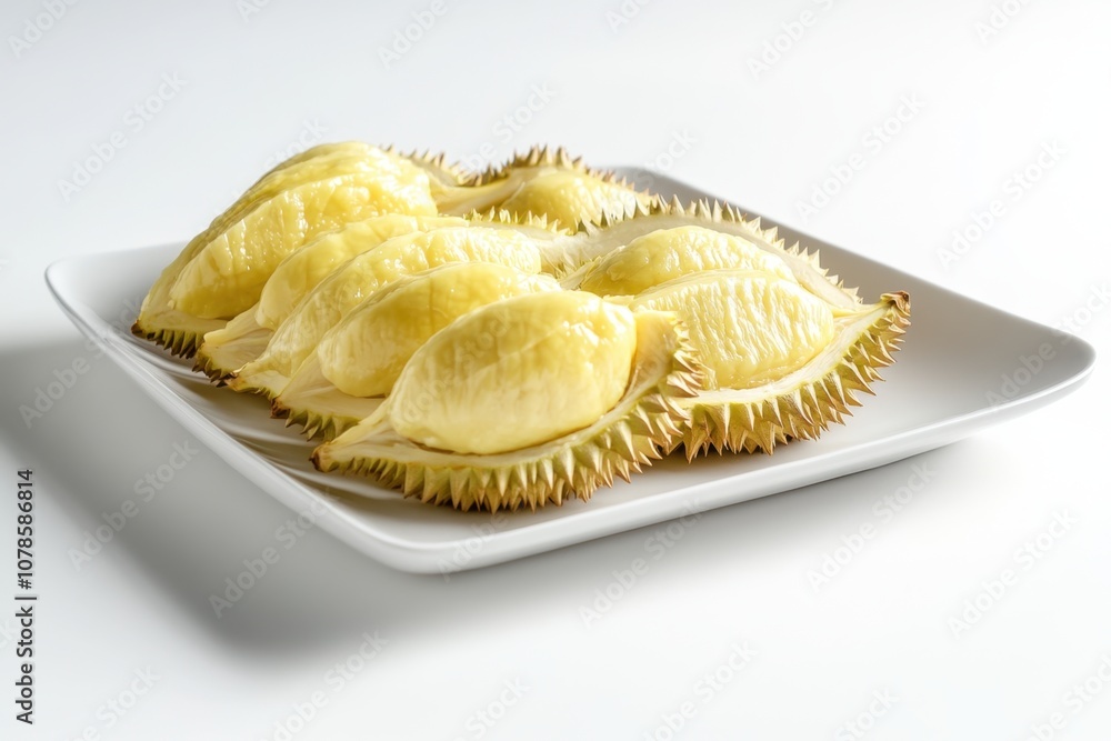 A beautifully arranged display of durian slices on a blank white plate with space for text, suitable for commercial use. The slices are fresh, showing the creamy interior against the white background. A beautifully arranged display of durian slices on a blank white plate with space for text, suitable for commercial use. The slices are fresh, showing the creamy interior against the white background.