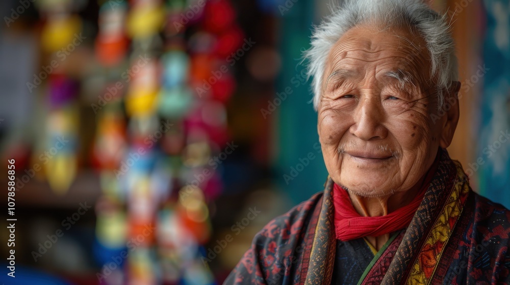 Against a backdrop of dynamic colors, a wise Asian elder's gentle eyes reflect the depth of her experiences and resilient spirit Against a backdrop of dynamic colors, a wise Asian elder's gentle eyes reflect the depth of her experiences and resilient spirit