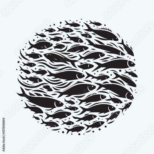 black flock of fish set vector, flock of fish silhouette vector icon black and white