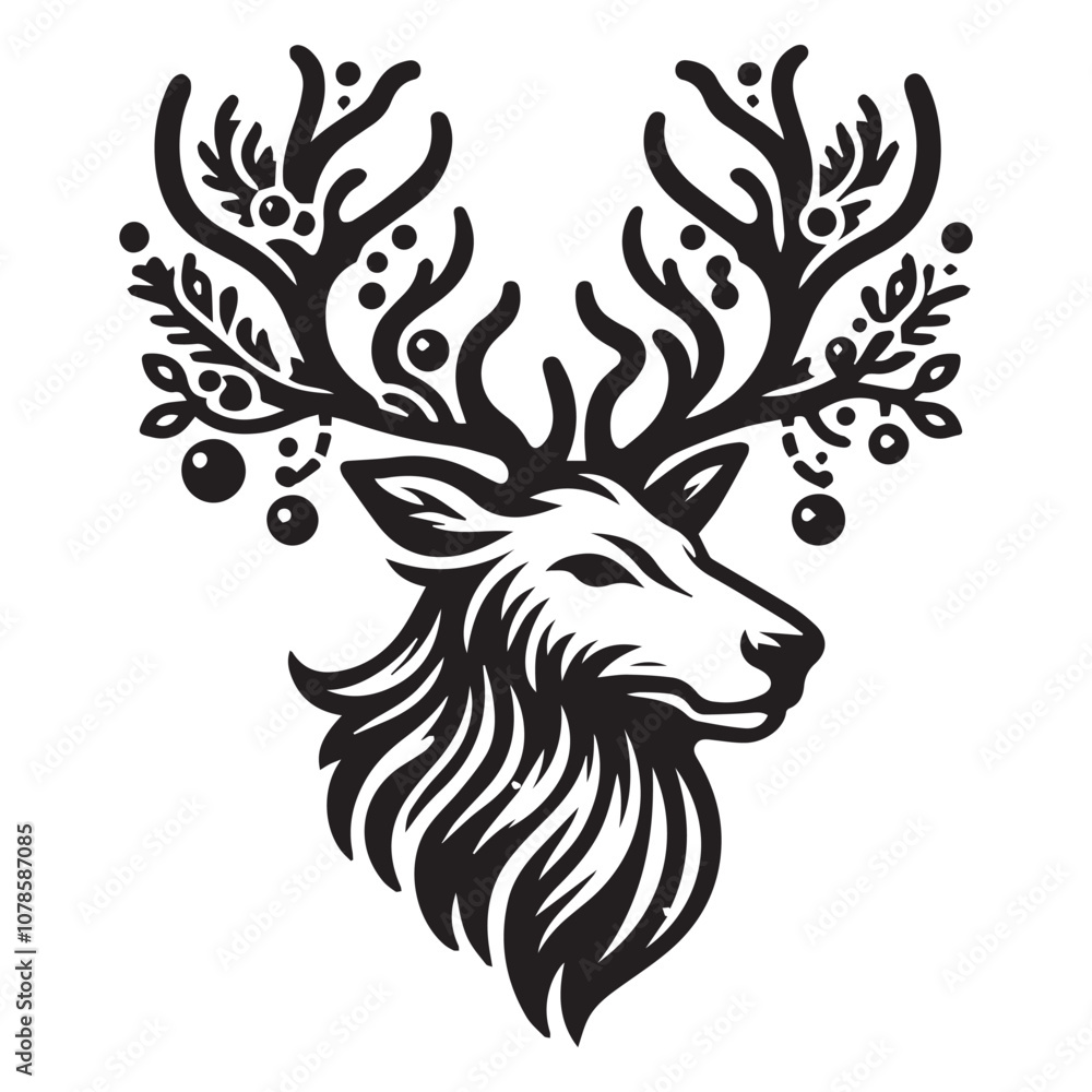 Majestic Christmas Deer with Ornate Antlers. Striking black and white illustration of a deer head with large antlers decorated with festive fir branches and Christmas ornaments. Majestic Christmas Deer with Ornate Antlers. Striking black and white illustration of a deer head with large antlers decorated with festive fir branches and Christmas ornaments.