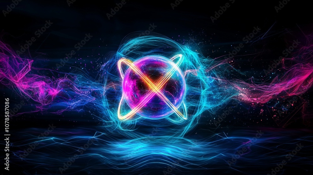 Vibrant Quantum Atomic Structure Illustrating Electron Trails with Colorful Energy Waves in a Dark Cosmic Background Vibrant Quantum Atomic Structure Illustrating Electron Trails with Colorful Energy Waves in a Dark Cosmic Background