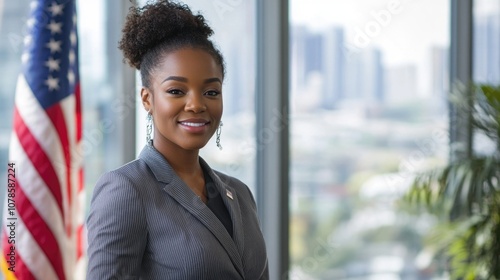 Smiling African American businesswoman standing in an office with a U.S. flag. photo