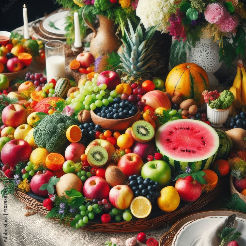 Beautiful arrangement of fresh fruits and vegetables on the table, with an emphasis on bright colors and textures Beautiful arrangement of fresh fruits and vegetables on the table, with an emphasis on bright colors and textures