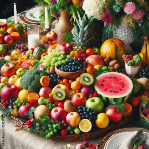 Beautiful arrangement of fresh fruits and vegetables on the table, with an emphasis on bright colors and textures