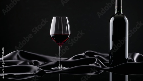  a wine bottle and a glass of red wine. The composition is minimalist, with a dark, moody atmosphere created by a black background and subtle lighting.
