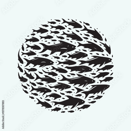 black flock of fish set vector, flock of fish silhouette vector icon black and white