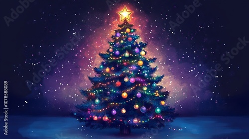 A beautifully decorated Christmas tree adorned with sparkling lights, colorful ornaments, and a star on top, creating a warm and festive holiday atmosphere