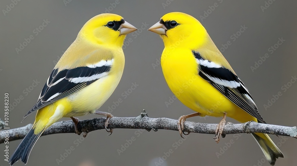 Two yellow finches perched on a branch, facing each other. Two yellow finches perched on a branch, facing each other.