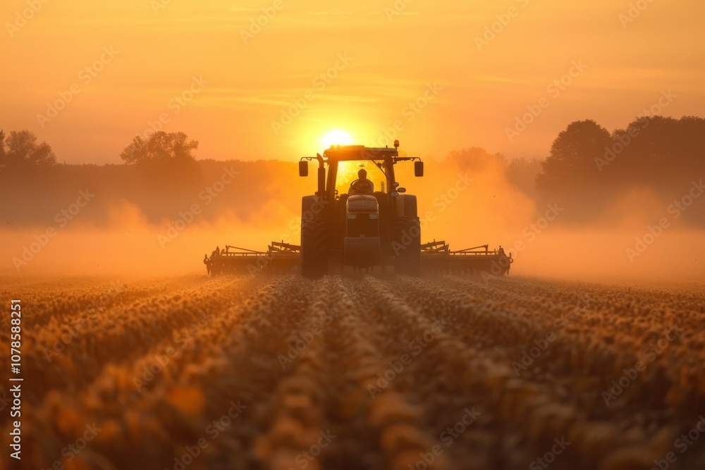 Fototapeta premium Combine harvester plowing field at sunrise, with golden light illuminating rising from the soil