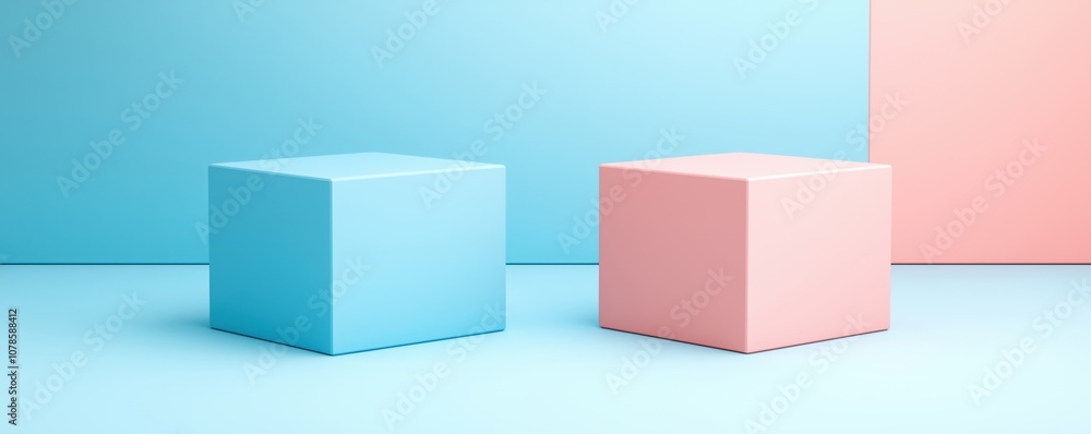 Two simple geometric cubes in pastel colors, blue and pink, against a minimalistic pastel background for modern design projects. Two simple geometric cubes in pastel colors, blue and pink, against a minimalistic pastel background for modern design projects.